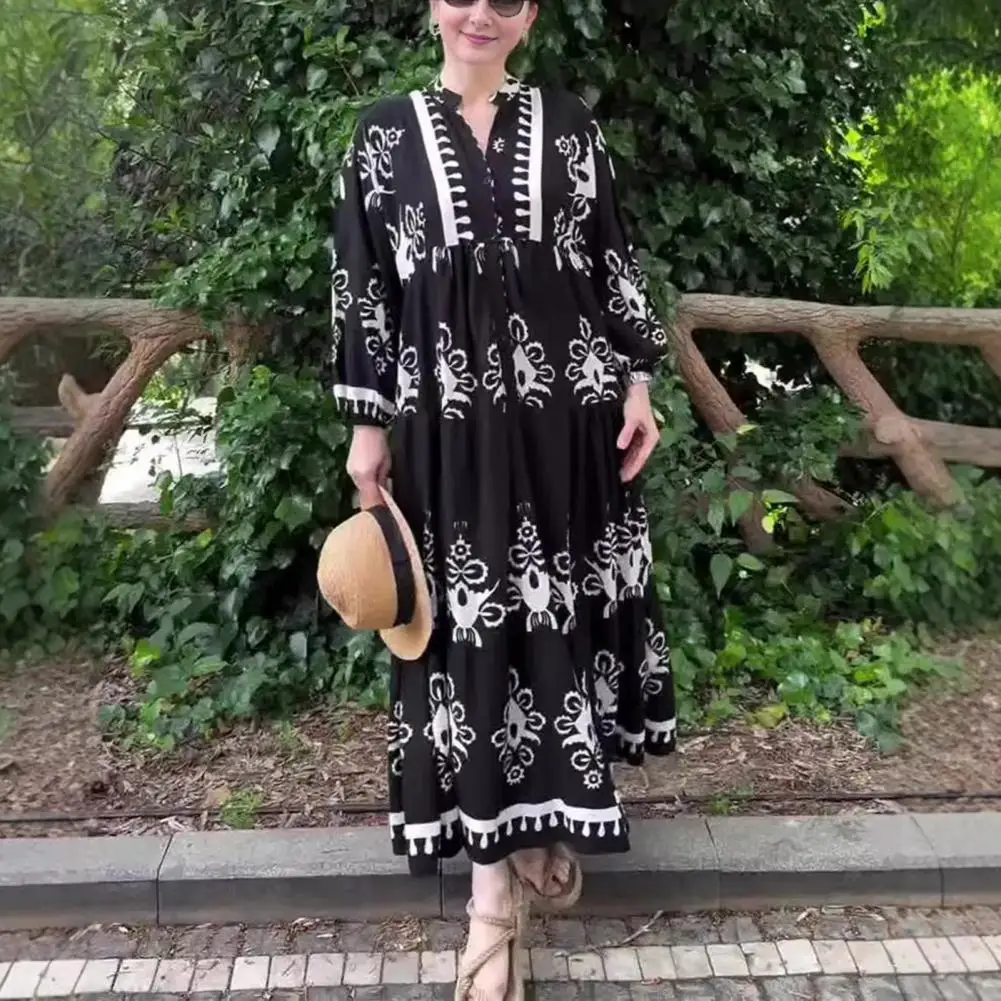 Frühling Dame Maxi kleid Vintage V-Ausschnitt lange Ärmel knöchel langes Kleid Patchwork einreihige A-Linie Freizeit kleid für den Urlaub