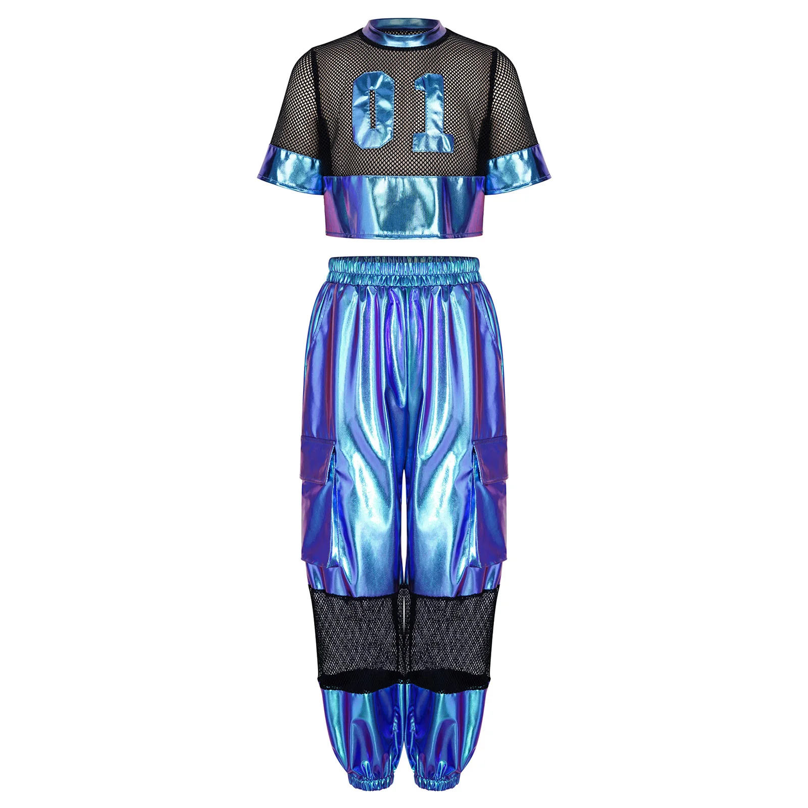 Kids Girls Metallic Shiny Hip Hop Jazz Street Dance Performance Costume Number Graphic Hollow Out Mesh Crop Top with Cargo Pants