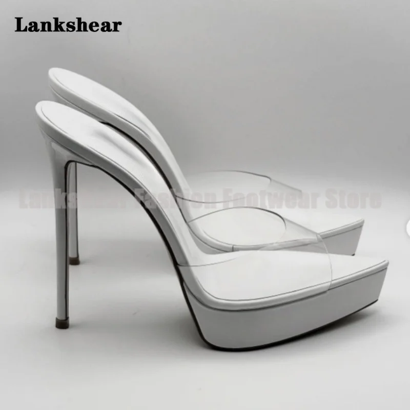 Clear Pvc Platform Mules Slippers Pointed Toe Stiletto Heels Slip-On Dress Sandals Women Shoes Summer Sandalias De Mujer Verano