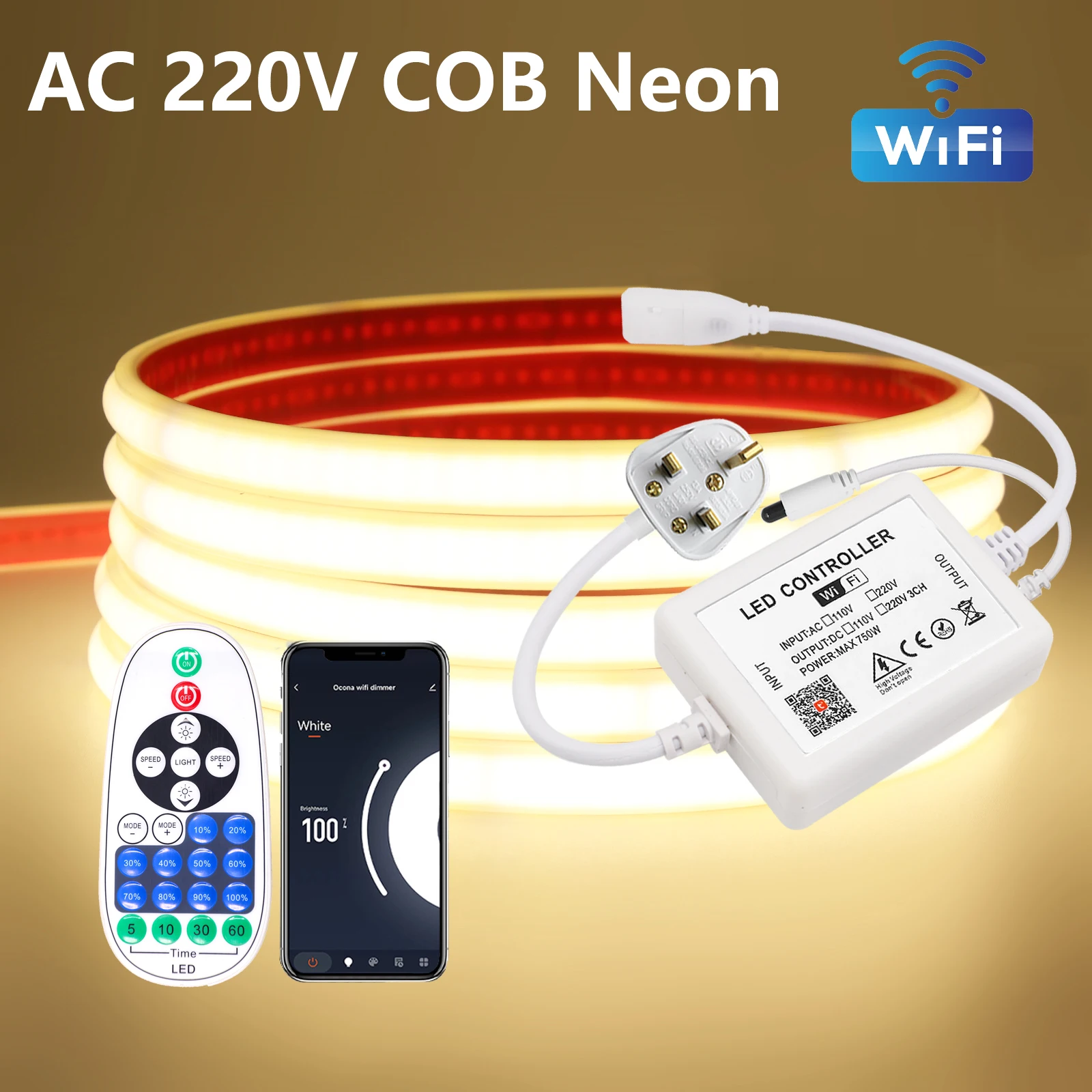 

220V COB LED Strip Waterproof 240LEDs/m Adhesive LED Lighting Strip Wifi IR Remote Control EU/UK/AU Power Kit Flexible Tape