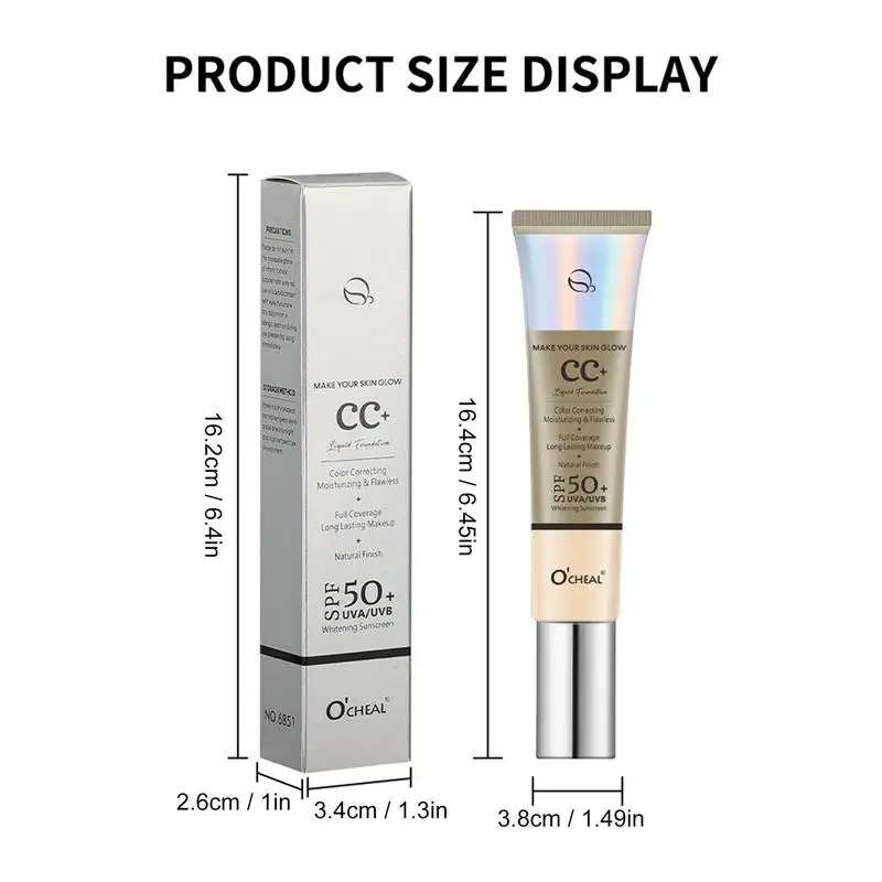 CC Cream With SPF 50 Hydrating 3 In 1 Sunscreen Lightweight Foundation Moisturizing Brightening Face Concealer Makeup