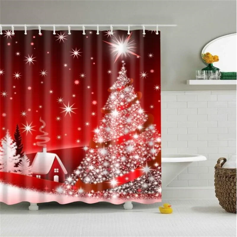 Merry Christmas Shower Curtain Christmas Home Decor Snowman Santa Claus Bathroom Curtain Polyester Fabric Bath Screen with Hooks