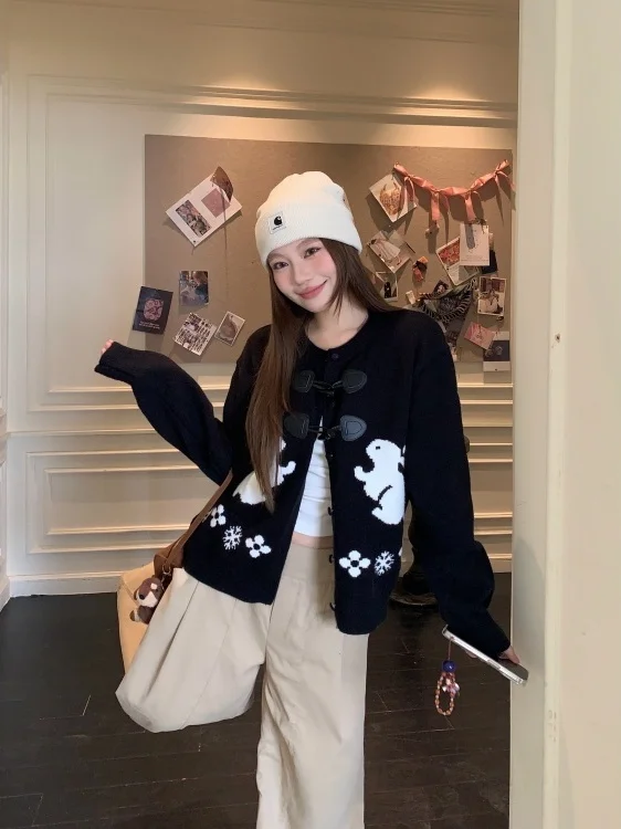 

Cute Sweet Cartoon Cow Horn Button Knitted Open Cardigan Women's Loose Casual Sweater Outerwear Spring Season Faion