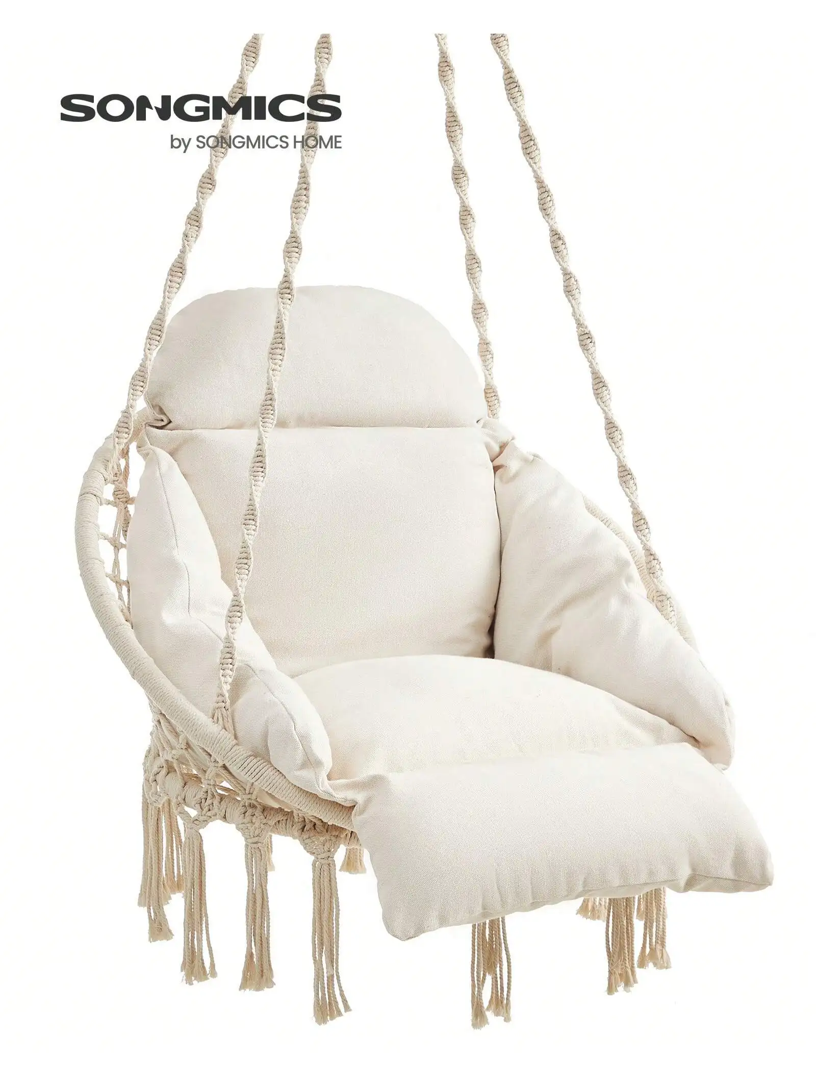 SONGMICS Hanging Chair, Hammock Chair with Large, Thick Cushion, Boho Swing Chair for Bedroom, Patio, Balcony, Garden, Holds up