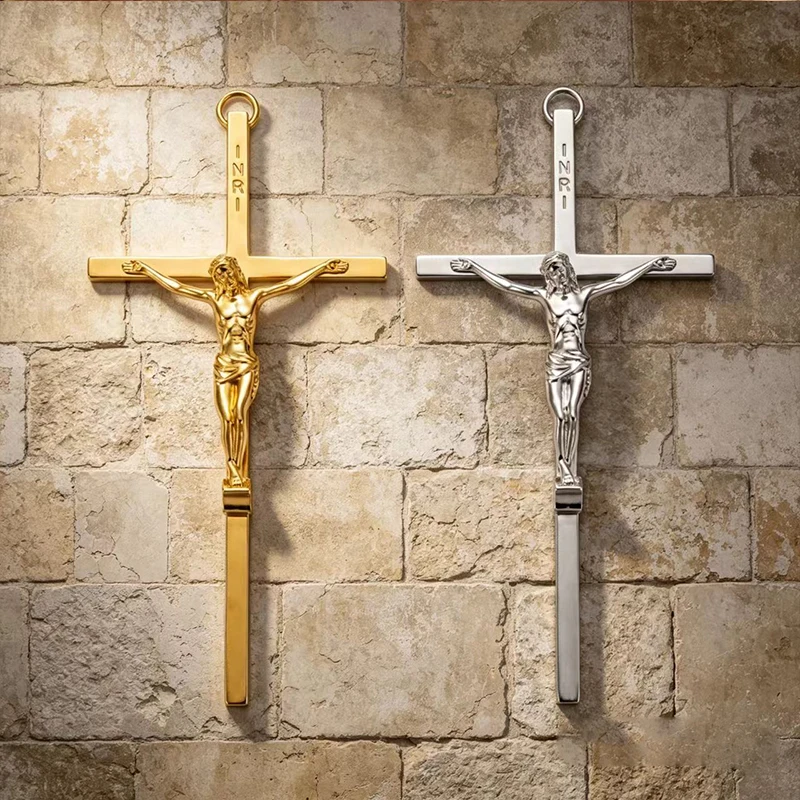 Neuer vergoldeter Jesus-Kruzifix-Kreuzanhänger 15 cm mit INRI-Gravur für Wanddekoration in Kirche, Zuhause, Altar, Gebet, christliche Dekoration – Detail 4
