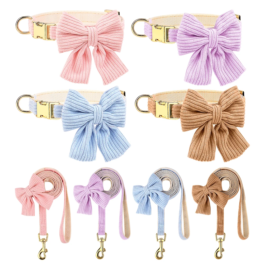 Cute Dog Collar Leash Set With Bowknot Soft Velvet Puppy Dogs Collars Outdoor Pet Walking Lead For Small Medium Dogs Chihuahua