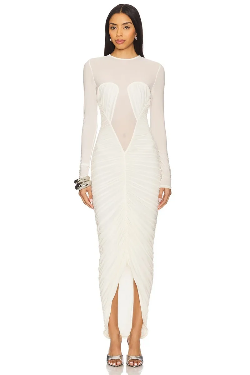 

White Prom Dress Sexy Sheer Sheath Full Sleeves Ruffles Long Party Gown Casual Hot Girl Formal Wedding Guest Birthday Robe