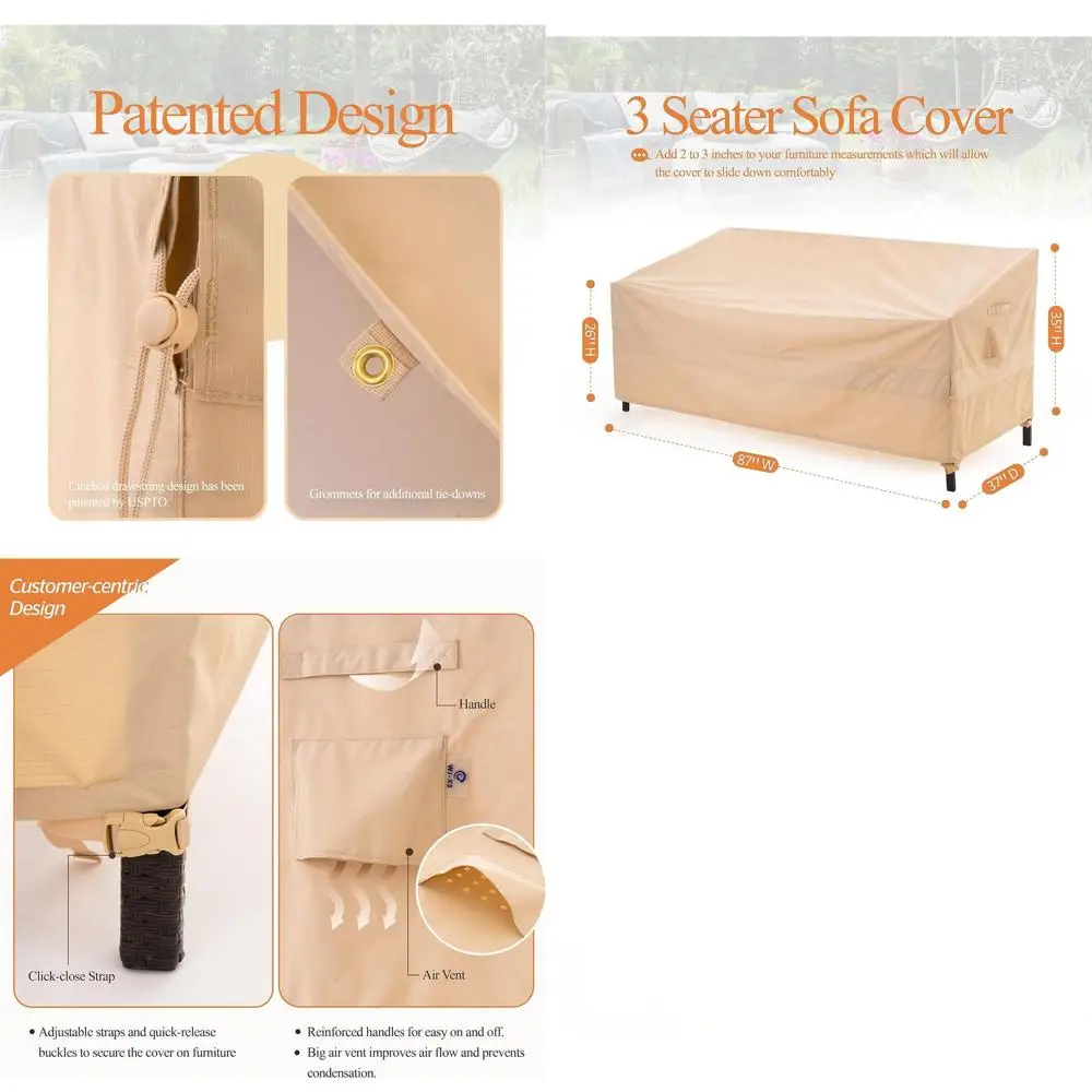 

3-Seater Outdoor Sofa Cover, Heavy-Duty Waterproof Patio Couch Cover, Wind-Resistant Design, 87W x 37D x 35H, Beige