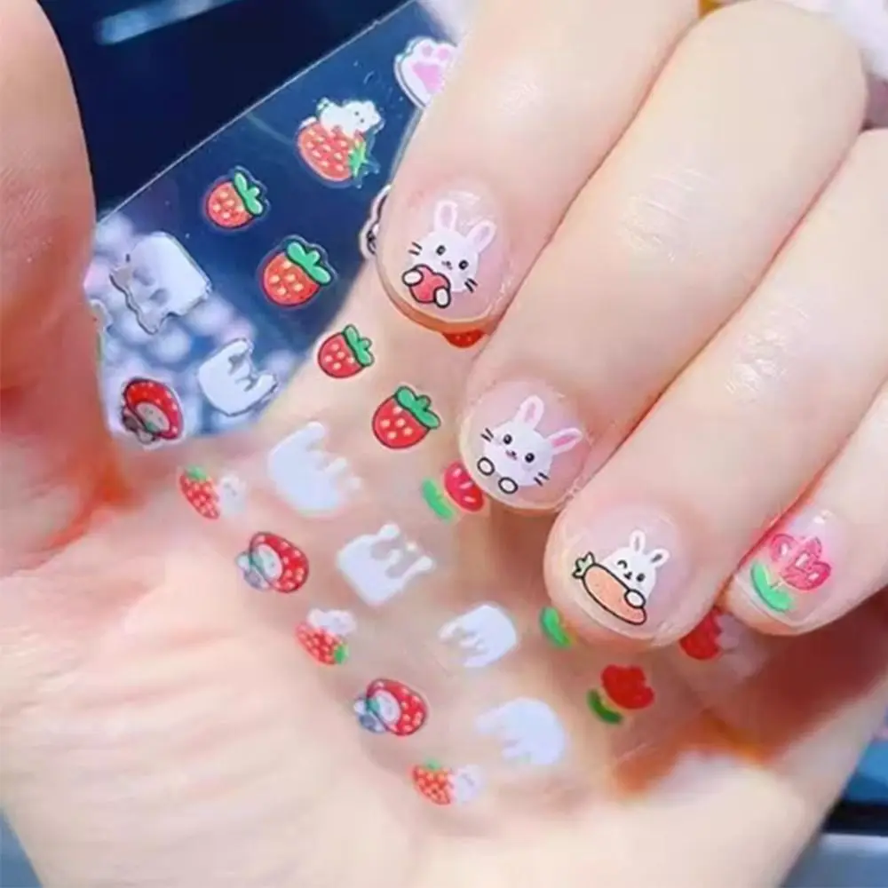 Pegatinas de uñas de dibujos animados, calcomanías de uñas Kawaii de conejo para niños con lentejuelas y purpurina, flores coloridas, decoración artística de uñas para niños