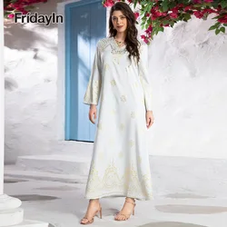 Muslim Abaya Elegant Party Long Dresses for Women Bronzing Color contrast V-neck Regular sleeve Female A-line Loose Skirt Kaftan