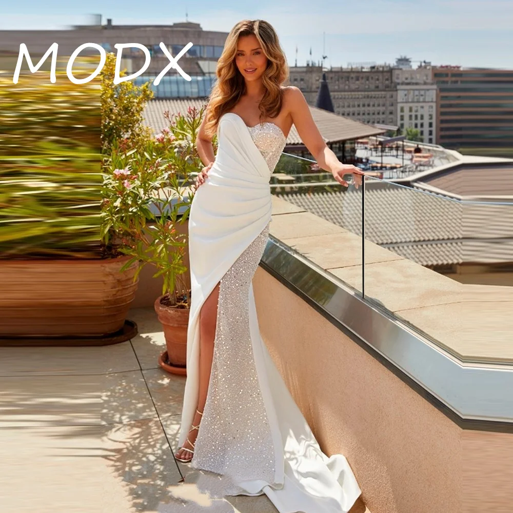 MODX Glamorous Strapless Wedding Dresses For Women Pleated Beads Wedding Party Gown Customised Vestidos De Novia ﻿