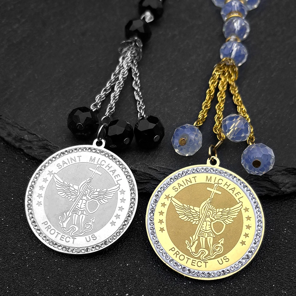

Saint Michael Archangel Medallion Car Pendant for Women Men Stainless Steel Gold Color Knight Shield Glass Chain Jewelry Gift