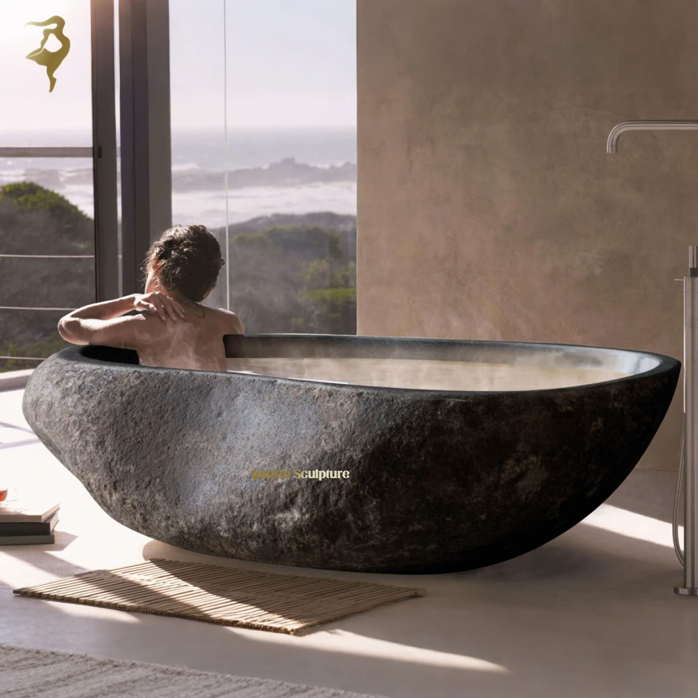 Basalt River Stone Bathtub for Hotel Bathroom Black Granite Bathtub