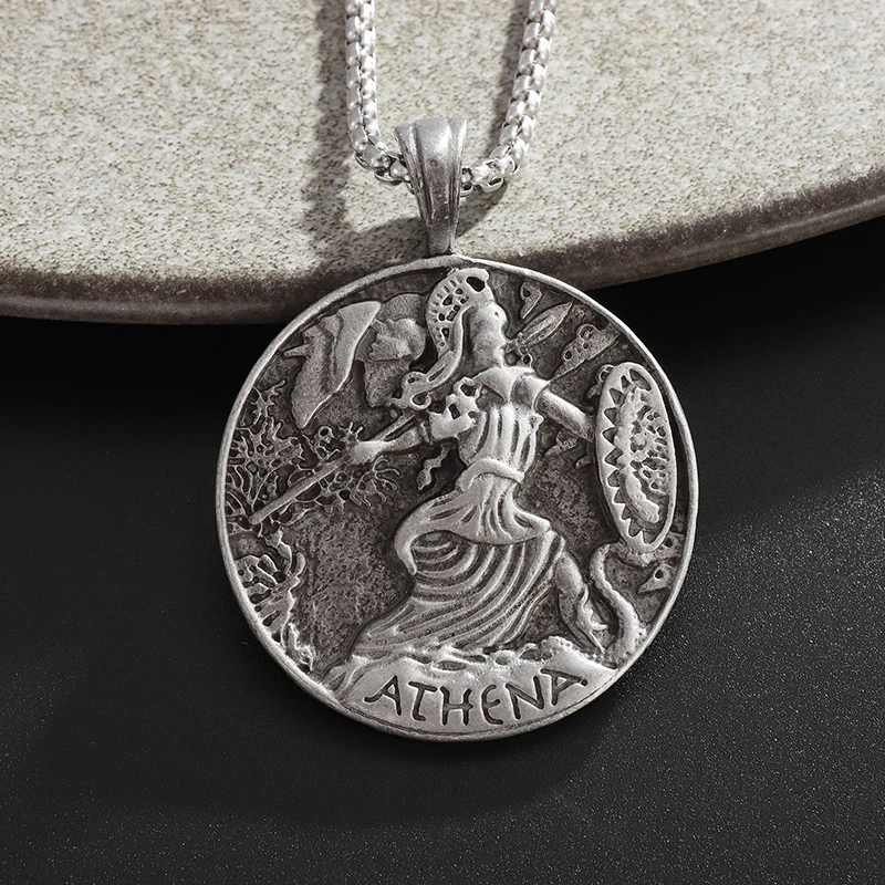 Ancient Greek Goddess Athena Warrior Helmet Pendant Medal Necklace Suitable for Men and Women Fashion Trend Punk Jewelry