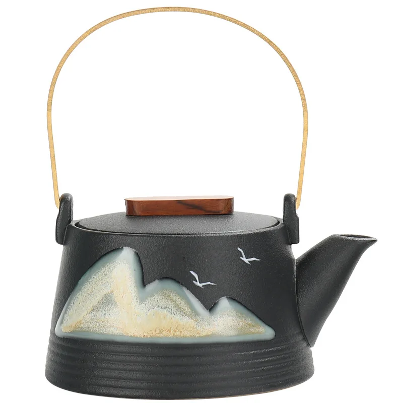 Black Pottery Green Hill Side Handle Pot Japanese Vintage Ceramic Kung Fu Tea Set Tea Pot Coffee Teapot Teapot Clay Water Kettle