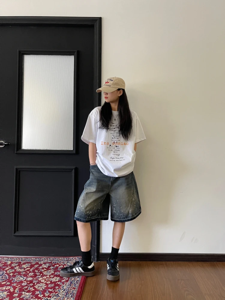 

Retro American Waed Denim orts Men's Women's Cleanfit Design Straight Casual Couple Five-Quarter Pants Youth Faion