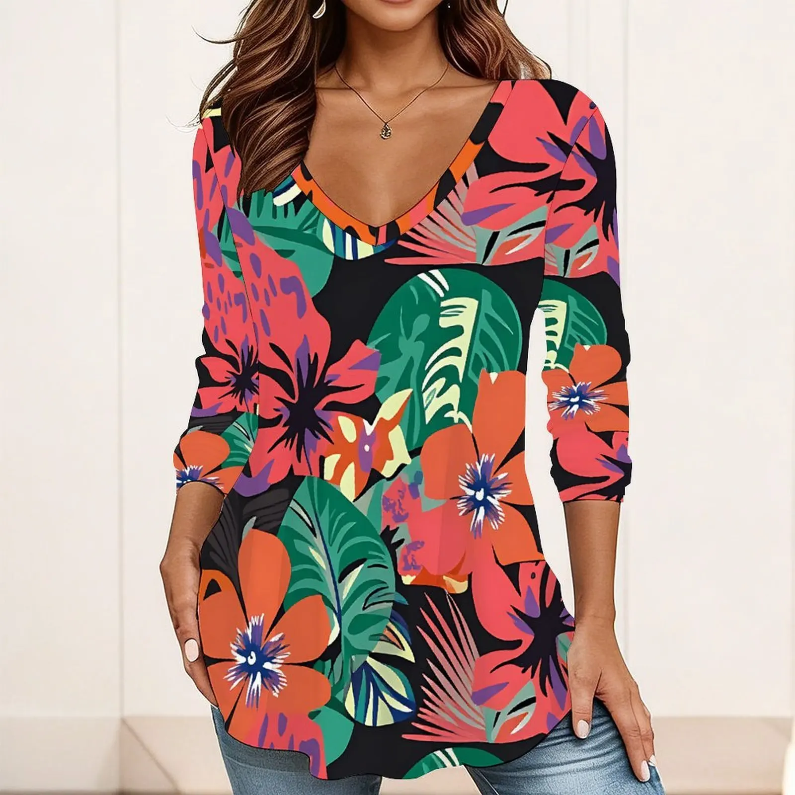 Women V Neck Three Quarter Sleeve Tunic Top Print Loose Fit Blouse With Pockets Bohemian Casual Ladies Tops