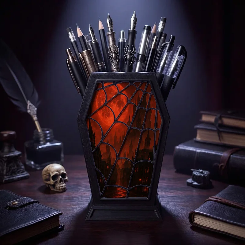 Gothic Coffin Pen Holder Red Blood Moon Vampire Castle Print Desktop Organizer, Spider Web Pattern Stationery Storage Box for Pe