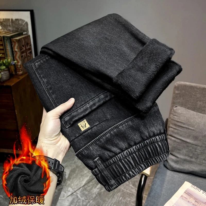 Winter New Fleece Men's Jeans Loose Elastic Waist Thickened Warm Denim Trousers Streetwear Fashion Trendy Men's Casual Pants