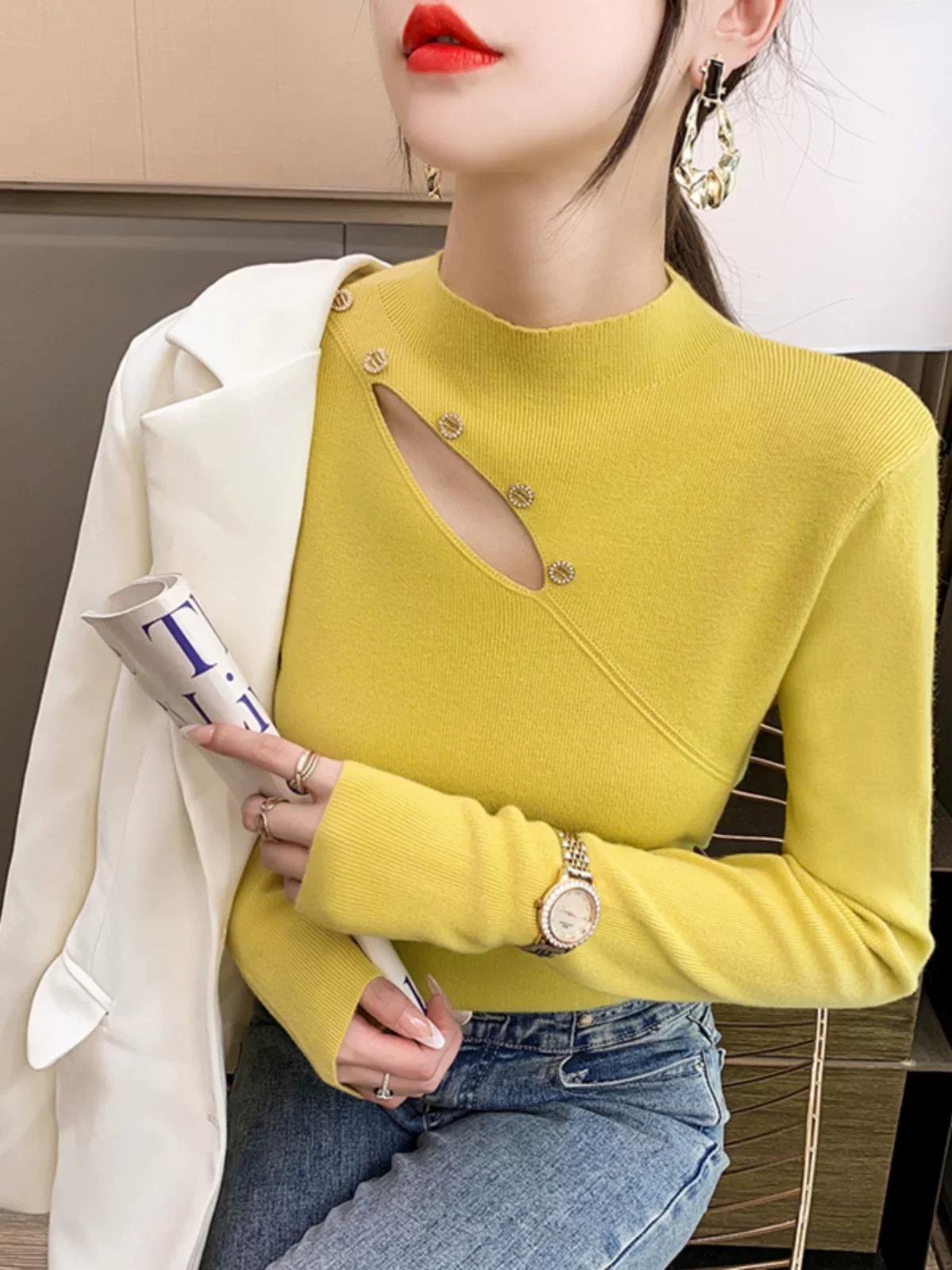 المرأة محبوك طبقة قاعدة أعلى الجوف خارج تصميم سليم صالح f عالية طوق الخريف الشتاء Faionable ملابس داخلية عادية Sle