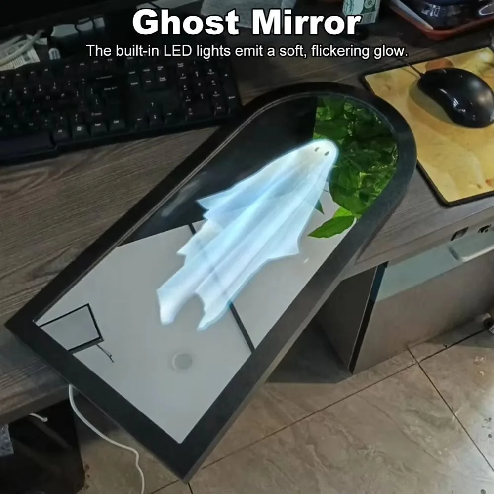 Round/Wave Ghost Hologram Mirror Light Up USB Ghost Illusion Mirror Illusion Design Holographic Effect Ghost Wall Mirror