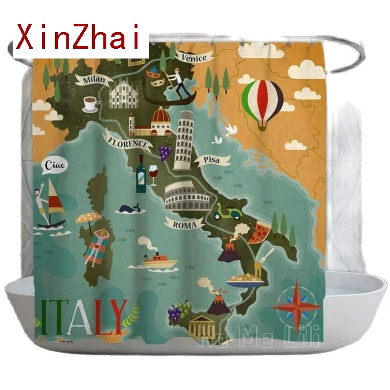 Italy By Ho Me Lili Shower Curtains Famous Cities Blue Green And Orange Map Travel Theme Bath Decor Waterproof Fabric