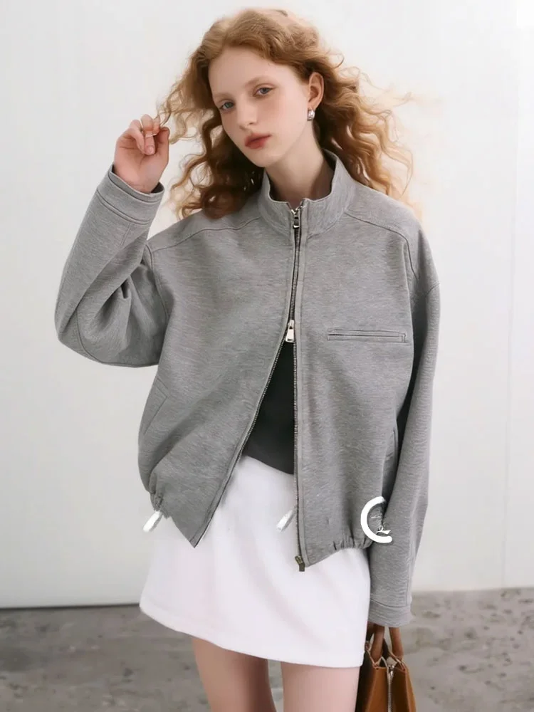 

Gray Double Zipper Stand Collar Casual Versatile Design Spring New Arrival Open Cardigan Outerwear by ZhuoZhi French Style St...