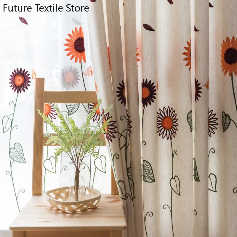 

The new pastoral fresh embroidered sunflower sunflower curtains have matching screens Curtains for Living dining room bedroom