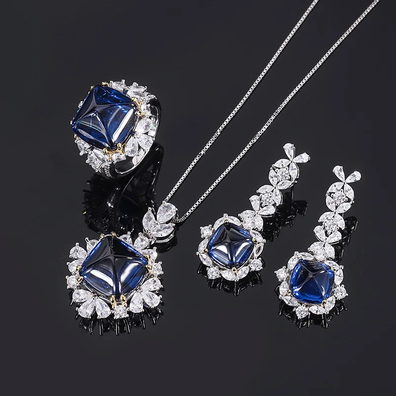 18K Gold Set with PT950 Platinum Colorful Sapphire Sugar Tower Full of Diamond Pendant Ring and Earrings Three-piece Set