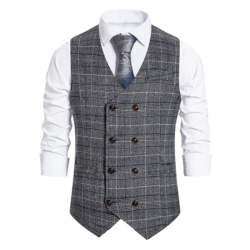 Men\'s Plaid Double-breasted Waistcoat Men\'s Suit Retro Clip Tweed Vest Gille Steampunk Men\'s Classic Vest жилет мужской классиче