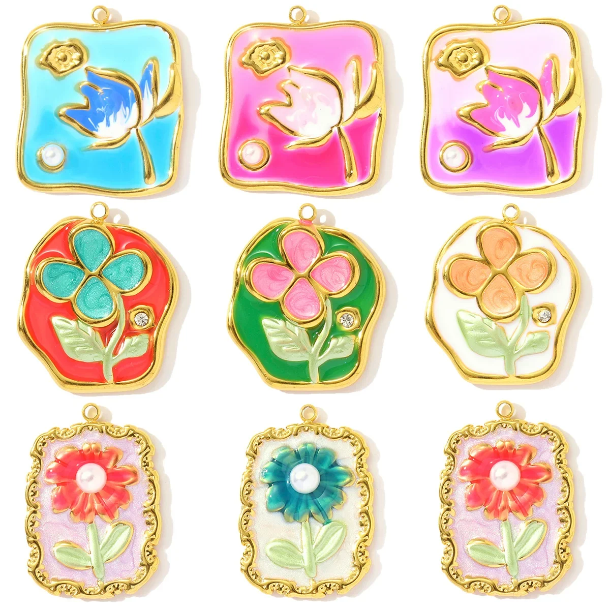 3pcs/Lot Stainless Steel Enamel Monet Garden Necklace Pendants Lotus Daisy DIY Earring Charms Flower Making Women Jewelry