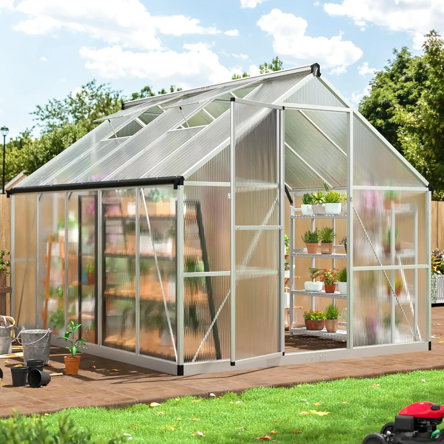 8x10 FT, Greenhouse with Roof Vent and Quick Setup Structure, Aluminum Large Walk-in Greenhouse for Outside Garden Backyard