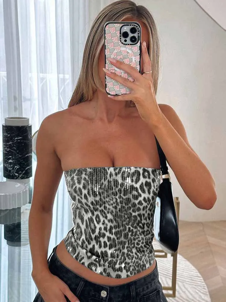 BKQU Strapless Leopard Printed Corset Tops Women Fashion Sequins Zipper Backless Tube Top Sexy Night Club Y2K Crop Tops Vest