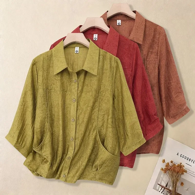 

Women Linen Blend Shirt 3/4 Sleeve Casual Blouse