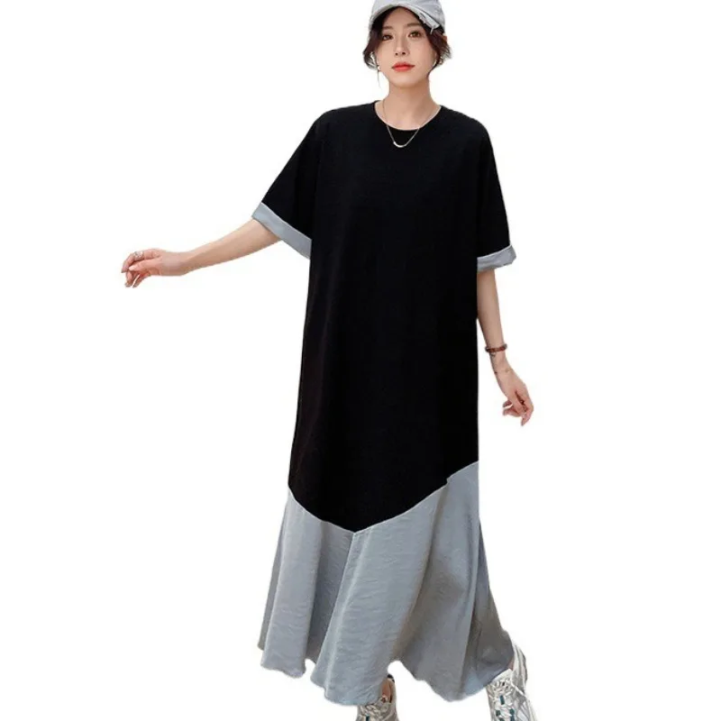 Vestido solto coreano 2025 verão novo longo algodão costura acetato cetim francês qualidade feminina rolo manga curta vestido