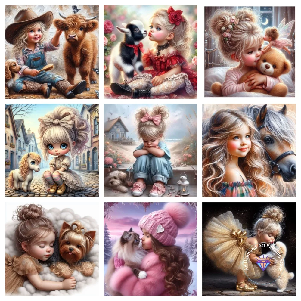 

Cute Girl and Animal AB Diamond Painting Kit Square Round Diamond 5D DIY Mosaic Handmade Art Adult Exquisite Gift Home Decor