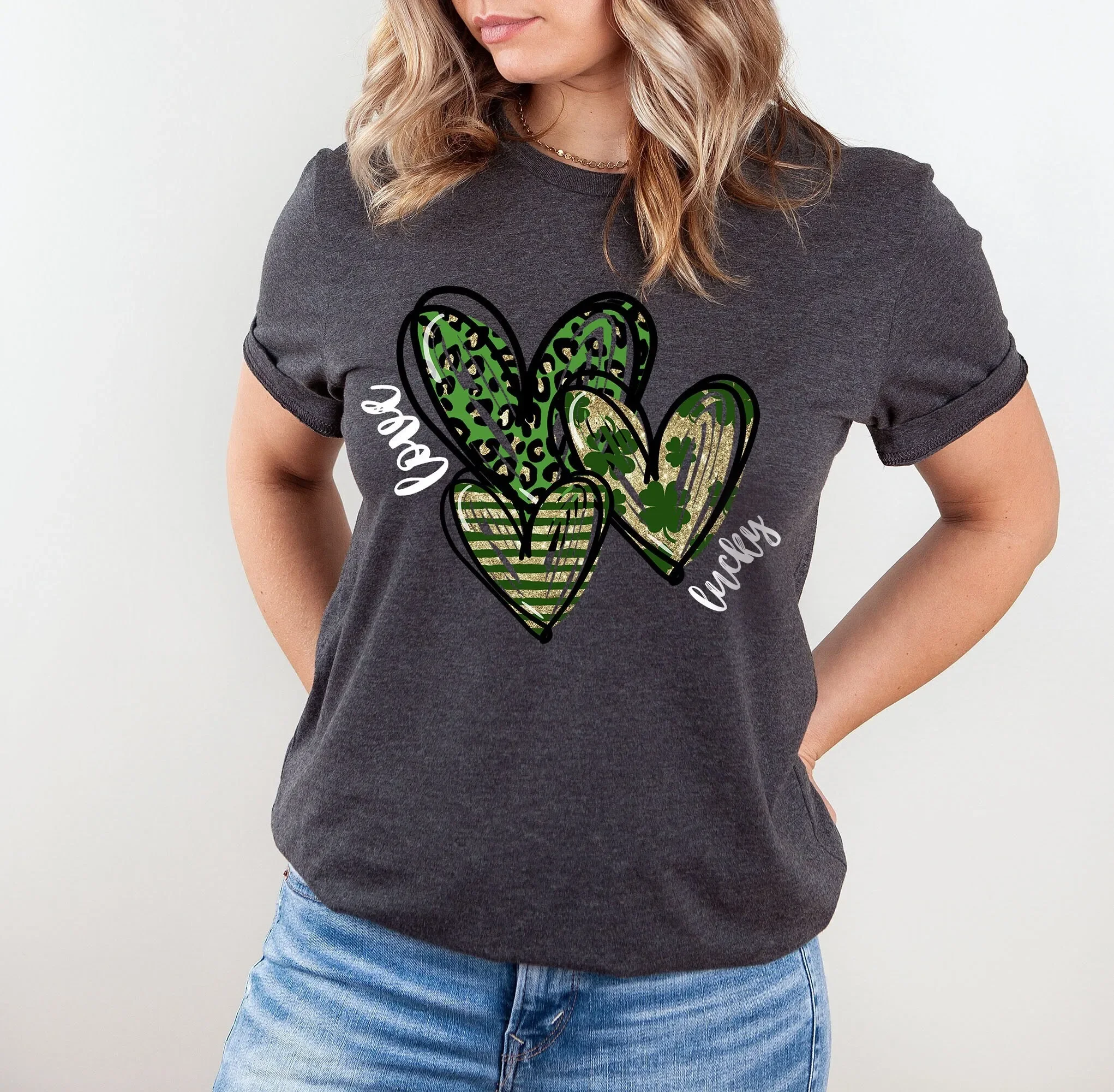 3 Hearts T Shirt Heart Leopard Clover Love St Patricks Day Patty s Shamrock for