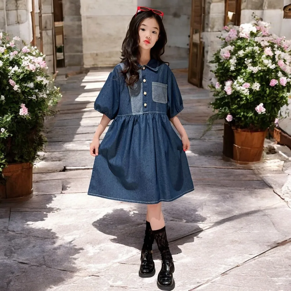 Summer Girls Denim Dresses Baby Outfits  Kids Clothes Sleeveless Long Party Dress Kids Princess Costumes 6 8 9 10 11 12 13 Years