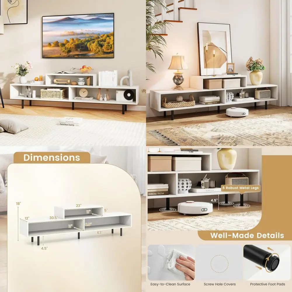 

Современная тумба под телевизор 63 дюйма для телевизоров 55-70 дюймов с открытыми полками, 5 металлическими ножками, белая деревянная медиаконсоль