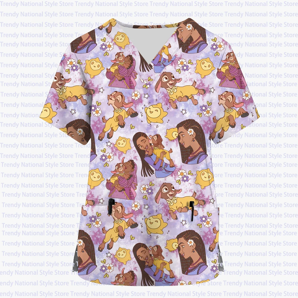 Summer New Women's Uniform Disney Princess V-neck Short-sleeved Frosted Top Printed Nurse Dental Beauty Salon Women's T-shirt