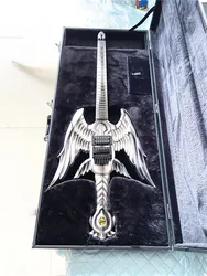 Hand carved sword Wing electric guitar Black accessories silver paint free shipping