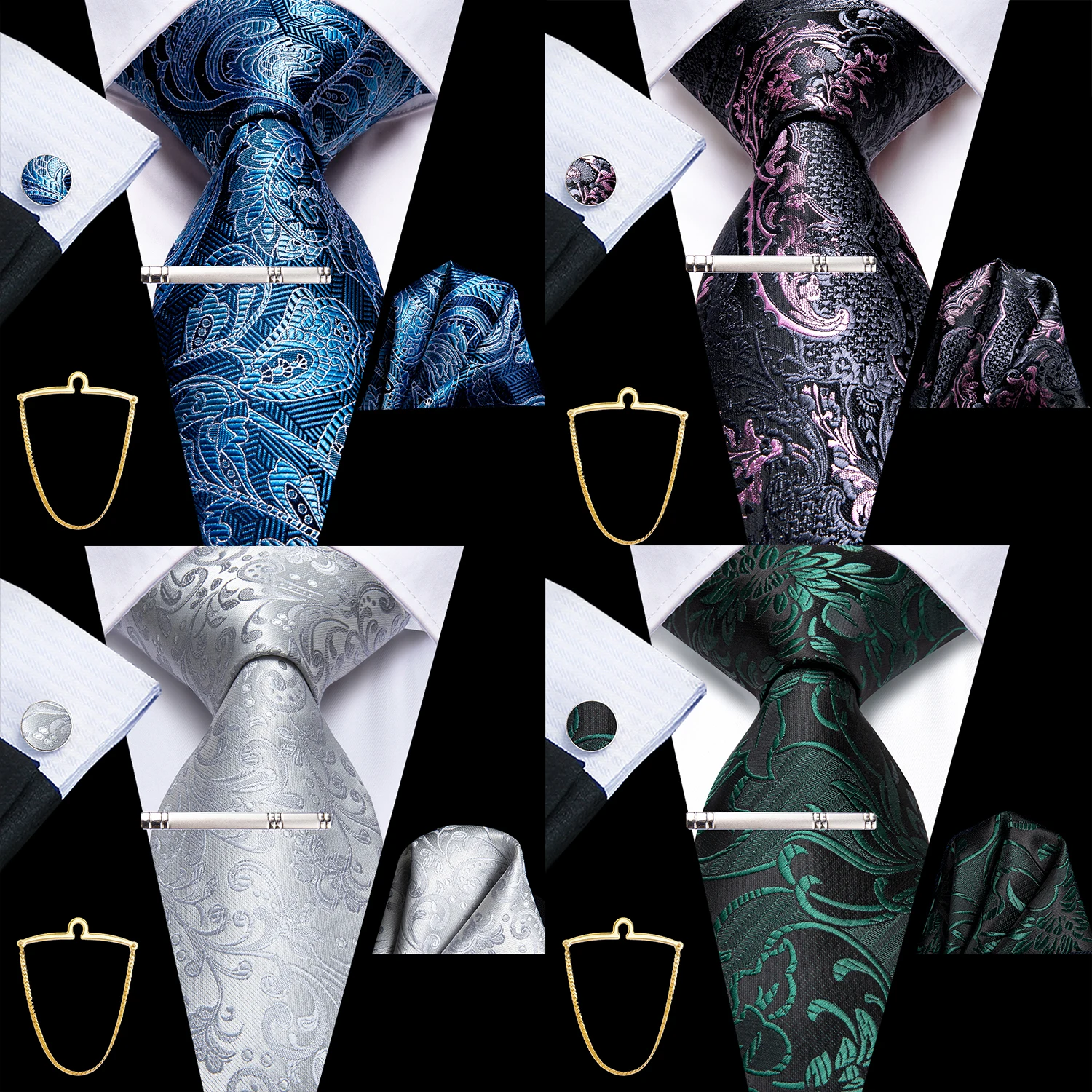 

Мужской комплект умных деловых галстуков Hi-Tie из 5 предметов — галстуки с узором пейсли, носовые платки, запонки, зажимы для лацканов, цепочки