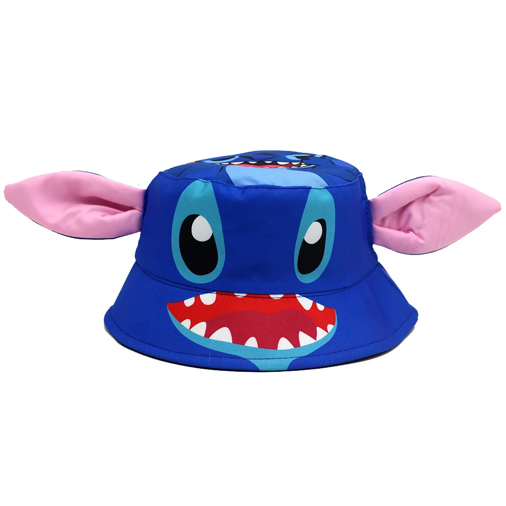 Niedlicher blauer Eimerhut mit Stichmuster für Kinder, leichter Sonnenhut mit rosa großen Ohren, Cartoon-Outdoor-Fischermütze für Jungen und Mädchen