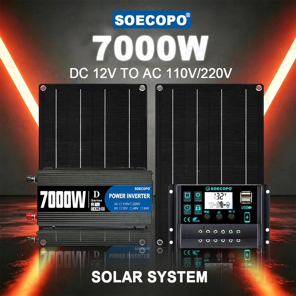 SOECOPO 10000W Peak Solaranlagen-Kit 2x600W Panel 100A Laderegler 12V zu 110V 220V Wechselrichter Generator für Picknick Party Wohnmobil Leben im Freien