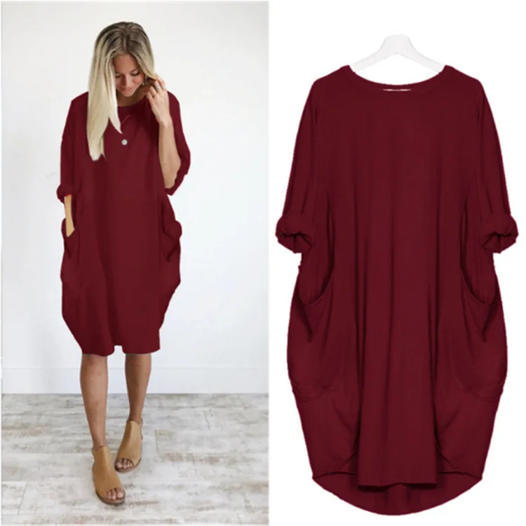 

Plus-size women's pure color casual loose round neck pocket decoration slim and elegant long sleeve plus-size lantern dress