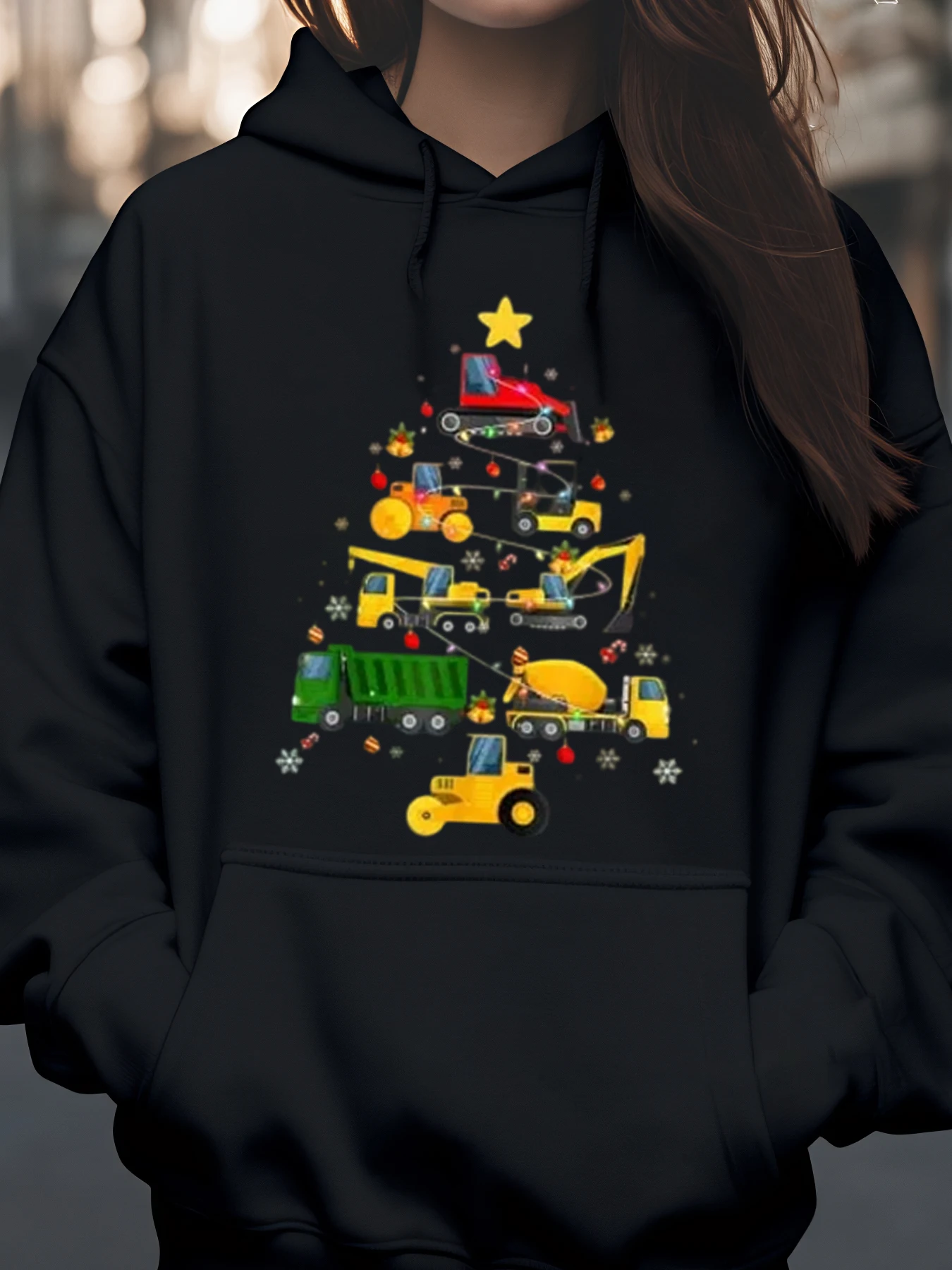 

Толстовка с принтом рождественской елки для строительной машины, праздничная повседневная одежда для мужчин и женщин