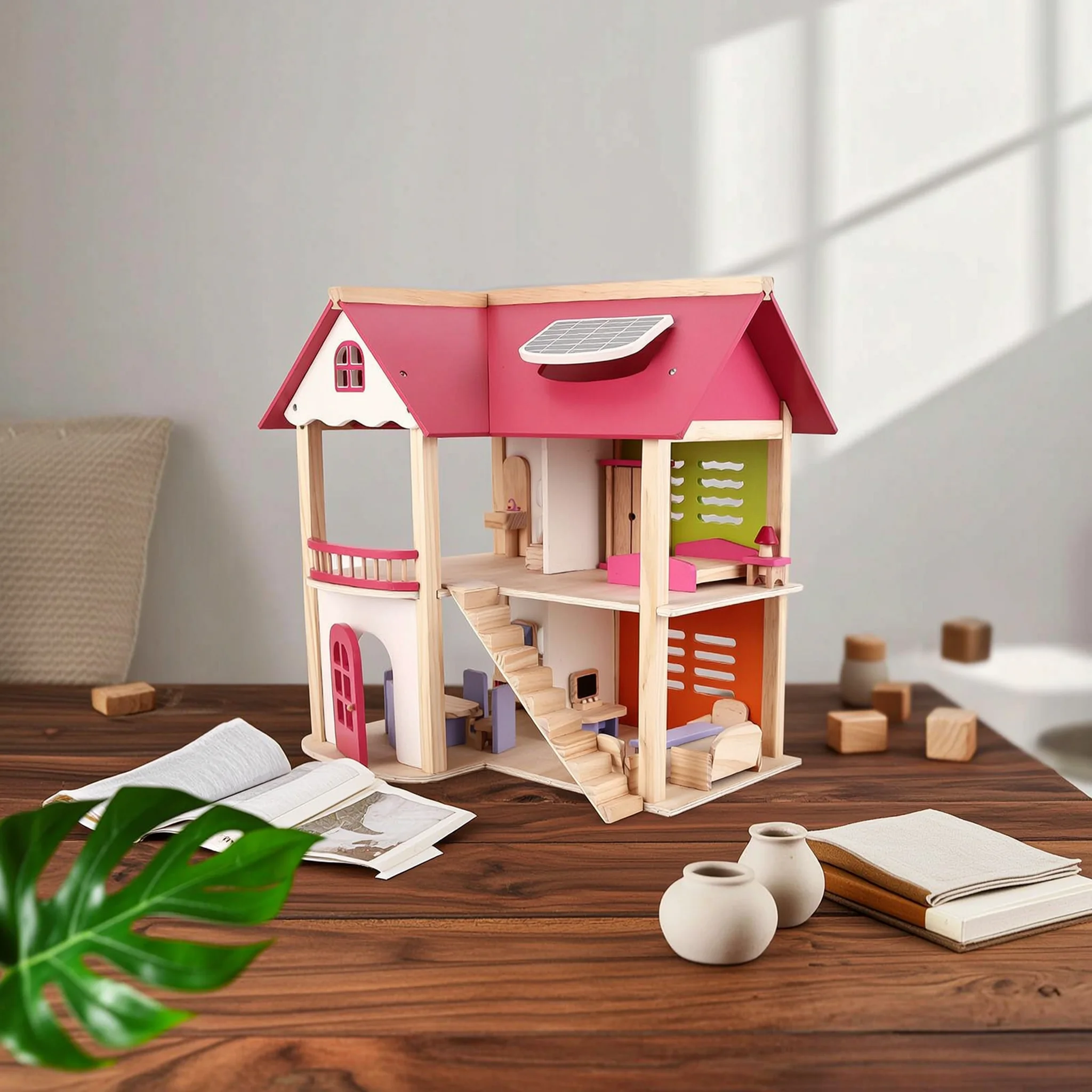 Wooden Dollhouse Peaked Roof Open-Frame Dollhouse Kids Toy Staircase for Children