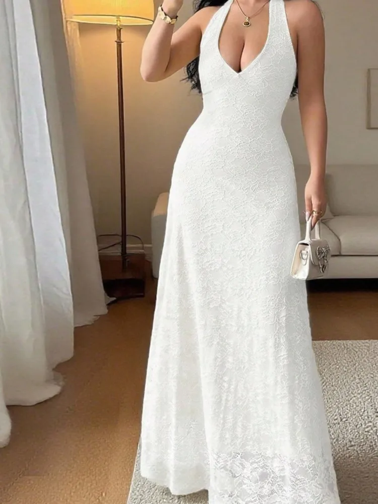 

2025 Summer New Temperament Backless Halterneck Strappy Lace Dress For Women Slim Solid Color Temperament Evening Dress Trendy