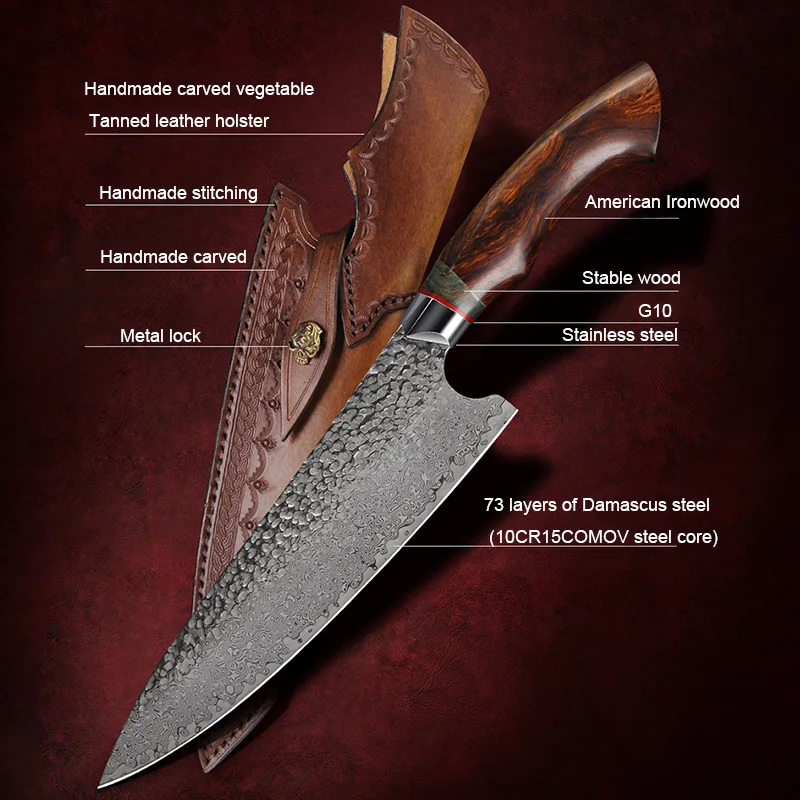 Damascus Kitchen Knife, 60HRC Layered Steel Chef Knife, Sharp Cooking Knife with Ironwood Handle, Gift Box, Home Kitchen Tool 5