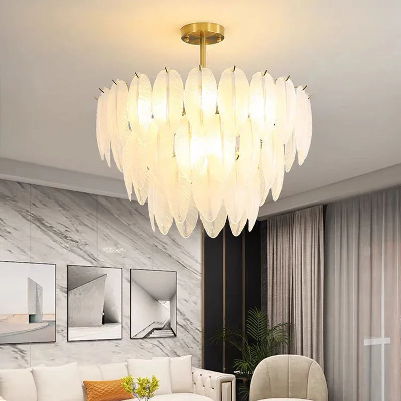 

French Romantic Glass Chandelier Modern Minimalist Feather Pendant Light for Bedroom Living Room